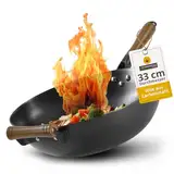 asiastreetfood Der perfekte Wok, Ø 33cm – Robuster Carbonstahl-Wok mit flachem Boden & 2 Holzgriffen – Geeignet für Gas-, Induktionsherd & Ceranfelder – Ohne Einbrennen nutzbar für asiatische Gerichte