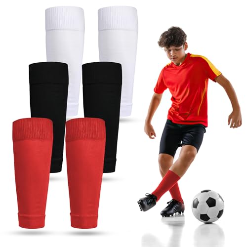 Vaktop Stutzen Kinder Fußball, 3 Paar Unisex Stutzen Ohne Socken, Fussball Socken Kinder, Fußball Sleeves für Anfänger und Jugendliche (Schwarz/Weiß/Rot)