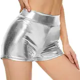 Nlaayong Damen Metallic Hotpants, glänzende Shorts mit hoher Taille, eng anliegende Kurze Hose für Tanz Sport Disco Kostüm Fasching Karneval - Diverse Größen