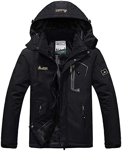 Memoryee Herren Ski Jacke Warmer Gefüttert Winter Fleece Mantel Wasserdichter mit Abnehmbarer Kapuze Outdoorjacke/Black/XXL