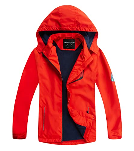 YoungSoul Kinder wasserdichte Regenjacke mit Abnehmbarer Kapuze Mädchen Jungen Übergangsjacke Gefütterte Outdoorjacke Schwarz Rot DE: 134-140 (Herstellergröße 140)