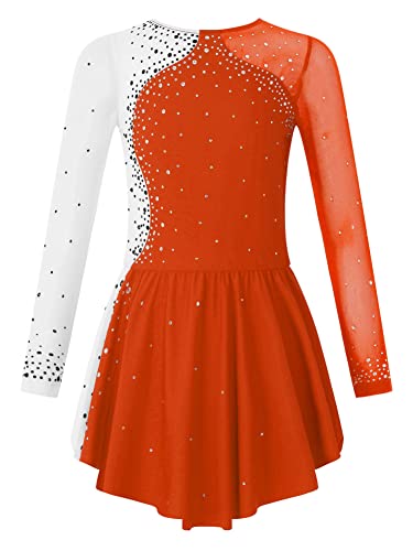 CHICTRY Kürkleider Eiskunstlauf Mädchen Strass Glitzer Kleid Rollkunstlauf Anzug Langarm Ballettanzug Patchwork Body Mit Asymetrisch Rock Tanzkostüm Orange 122-128