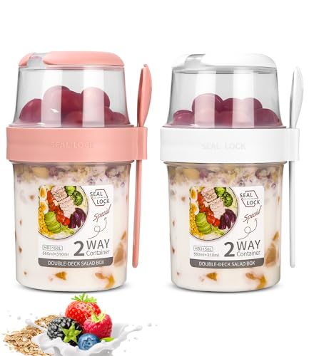 2 Stück MüSlibecher to go, Jogurtbecher für Unterwegs mit löffel,Joghurt to Go Becher,Doppelschicht Auslaufsicherer Joghurtbecher,Salatbecher,Müsli to go Becher für Arbeit,Schule,Reisen(310ml+560ml)