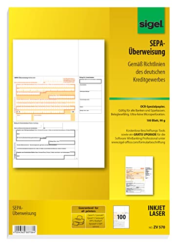 SIGEL ZV570 SEPA-Überweisungen, A4, 100 Blatt, Überweisungsträger / Zahlschein, mit gratis Beschriftungsvorlage