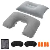 2 Stück Aufblasbare Reisekissen Set – U-Kissen & Quadratkissen – Ultra-Kompakt, Leicht & Preiswert – Mit Augenbinde, Ohrstöpseln & Tragenetz – Perfekt für Camping, Flugzeug, Auto & Reisen – Grau