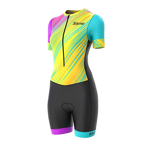 Radsport-Skinsuit für Damen, gepolstert, einteilig, Trisuit, Bike-Top, kurz, sublimiertes Design, Trägerhose, schwarz / gelb, M