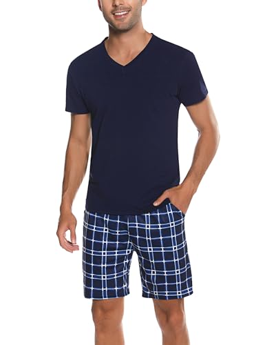 Bresdk Schlafanzug Herren Pyjama Set Kurz Baumwolle Sommer Nachtwäsche Dunkelblau L