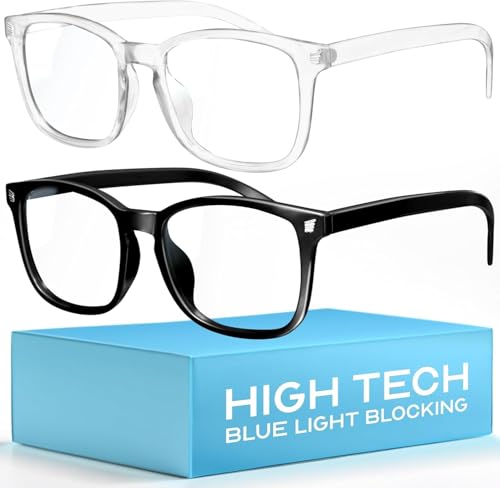 livho 2 Pack Blue Light Blocking Glasses, Computer Reading/Gaming/TV/Phones Glasses for Women Men,Anti Eyestrain & UV Glare (Light Black+Clear)