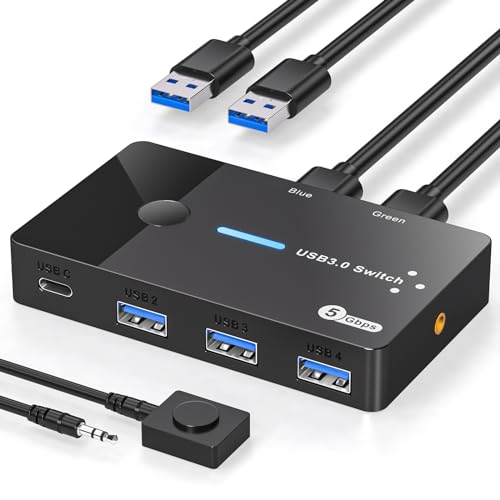 AILVLVNG USB 3.0 Switch 2 PC Sharing USB C & A Geräte, USB Schalter 2 In 4 Out Sharing Tastatur Maus und Drucker USB Umschalter für 2 Computer mit Desktop Controller und 2 USB 3.0 Kabel