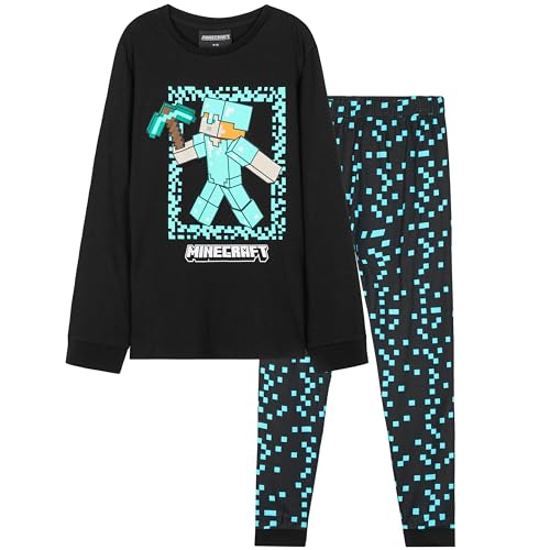 Minecraft Jungen Schlafanzug Set, bequemer Pyjama aus Baumwolle, Gamer Geschenke (Schwarz/Blau, 11-12 Jahre)