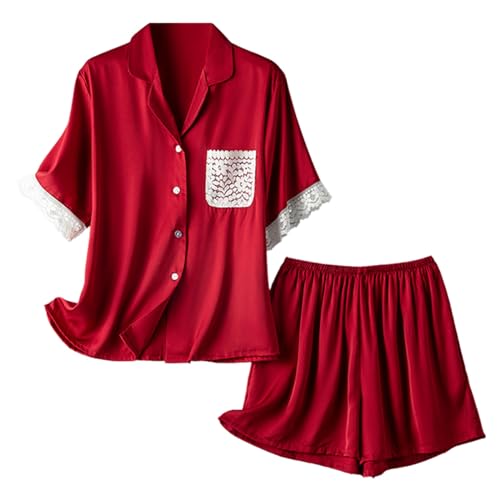 Schlafhose Damen Weit zweiteilig, einfarbig, Spitze, Satin, kurzärmelig, Shorts, Pyjama Schlafanzug Schwarz(Wein,L)