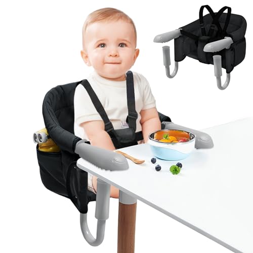 SUBTLETY Tischsitz Faltbar Babystuhl Babysitz mit Transporttasche Rutschfest Klemmen und Sitztasche Tragbarer Baby Hochstuhl für 2-8 cm Dicke Tisch Boostersitz Kinderstuhl Belastbarkeit 15 kg, Schwarz