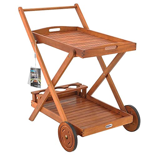 Casaria® Servierwagen mit Rollen Holz FSC®- zertifiziert Akazie 2 Etagen Tablett 3 Flaschenhalter Outdoor Küche Garten Terrasse Küchenwagen Rollwagen