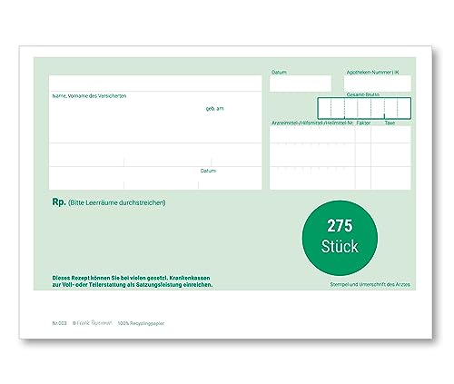 Frank Paperman® | Rezeptblock Privatrezept grün | 275 Blätter | ungeblockter Rezeptblock | im DIN-A6-Format | Arzt Zubehör | auch ärztliches Attest genannt