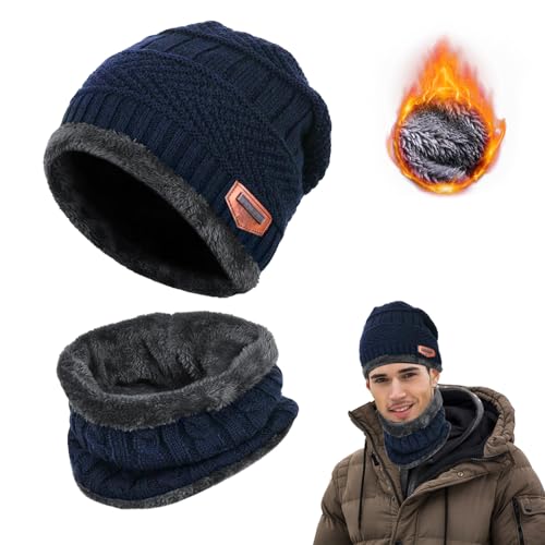 DTXYBC Winter Beanie Mütze Schal Set, Elastische Mütze Runder Schal Set, Beanie Mütze, Wintermütze und Schal, Fleecefutter Warme Wintermütze Damen Herren, Unisex für Outdoor Sport Wärmen (blue)