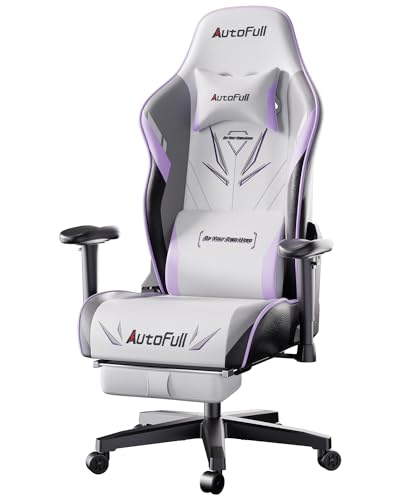 AutoFull Gaming Stuhl mit breiterem Sitzkissen Ergonomischer Gamer Stuhl mit Fußstütze, Sitzhöhe und Neigung der Rückenlehne verstellbar, Kopfstütze und Lendenwirbelstütze, Weiß