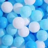 PlayMaty 100 Bunte Pit Bälle, frei von Phthalaten und BPA, aus crushfestem Kunststoff-Material, ideal als Stressbälle für Kinder Spielhäuser oder Pool Ball Pits, 2.16 Zoll groß (Blau-Weiß)