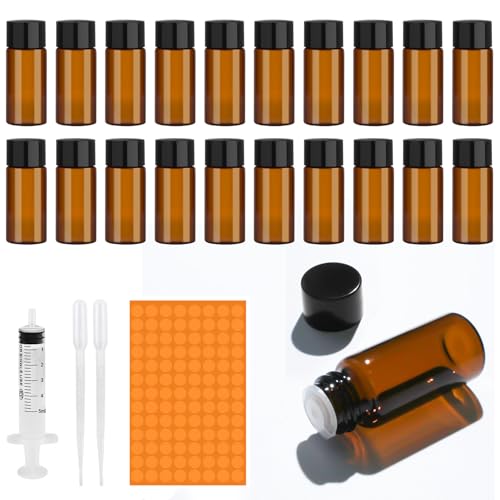 Amentalove 20 Stück 10ml Probe Glasflaschen Mini Glasflaschen Leere Glasflasche, Transparent Mini Glasflasche mit Pipette Spritze Aufkleber, Mini Fläschchen für Ätherisches Öl Parfüm Aromatherapie