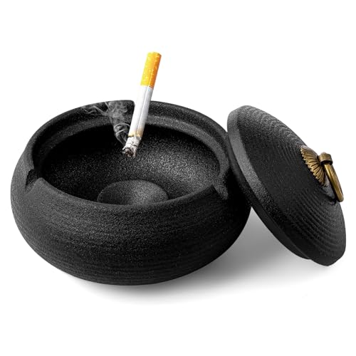 Tatxmalv Aschenbecher, Keramik Aschenbecher mit Deckel, Robuster Sturmaschenbecher Aschenbecher Schwarz Retro Keramik, Aschenhalter für Raucher, Aschenbecher für den Outdoor Bereich
