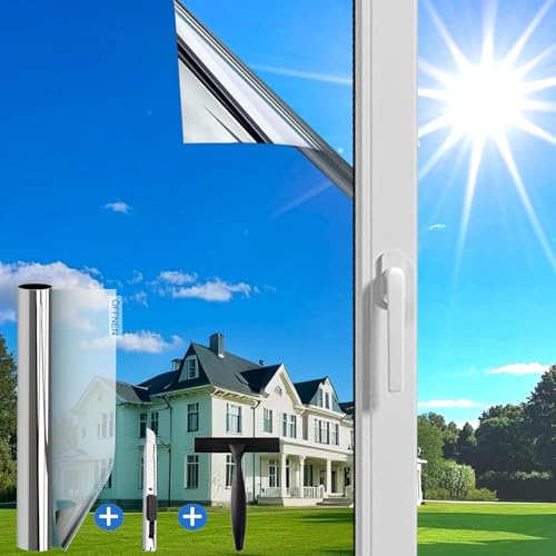 Guuteee Spiegelfolie Fenster Sichtschutz Sonnenschutzfolie Fenster innen oder außen Fensterfolie Sonnenschutz UV Schutzfolie Rückstandslose Wärmeschutzfolie Silber 60x400cm