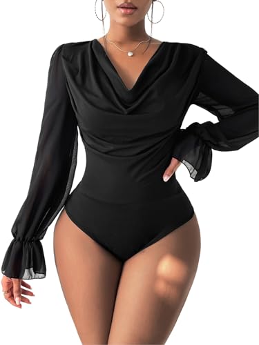 GORGLITTER Damen Bodysuits Wasserfallausschnitt Langarm Bodys Transparente Ärmeln Bodies Overall mit Volant Ärmeln Schwarz S