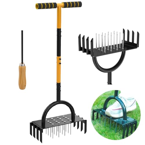 TWZ Rasenlüfter 2-in-1, Aerifizierer für Rasen mit 16 Spike& 8 Kerne, 97cm Handvertikutierer Metall mit T-Griff, Vertikutierer Heavy Duty Rasenspecht Rasen Belüften für Verdichtete Böden Rasenpflege