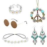 HDGSAFD 6er-Set Hippie-Accessoires, 60er-70er-Hippie-Damenbekleidung, Bohemian-Damenaccessoires, Farbenfrohe Modeaccessoires Für Karneval, Musikfestivals Und Partys