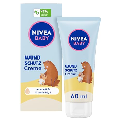 NIVEA Baby Wundschutzcreme, Babycreme lindert Rötungen im Windelbereich, hypoallergene Baby Feuchtigkeitscreme mit natürlichem Mandelöl, Panthenol, Zinkoxid + Vitamin E für zarte Babyhaut (60 ml)