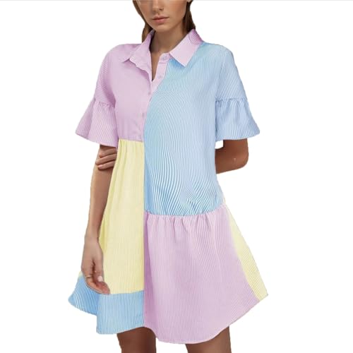 Dyhxuan Hemdblusenkleid Damen Modische Farbblock Patchwork Blusenkleid 1/3 Knöpfe Minikleid mit V-Ausschnitt Kurzarm Sommerkleid Revers A-Linie Kleider Locker Bequeme Hemdkleid Freizeitkleid
