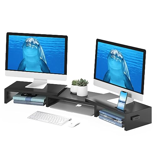 BONTEC Dual Monitor Stand Riser, Desktop Monitorständer mit Smartphone-Halter, Verstellbare Länge und Schwenkwinkel Holz Desktop Organizer, für PC Monitor Laptop Drucker