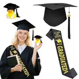 Bachelor Hut 2025 mit Prüfung Bestanden Schärpe, Quietscheentchen mit Doktorhut, Doktorhut 2025 Abschluss H-ut, Graduation Hat, Schwarz Gold Abschluss Hut & Schärpe, Absolventenhut, Graduation Deko