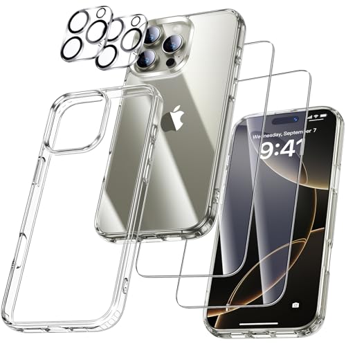 UniqueMe für iPhone 16 Pro Hülle - Handyhülle für iPhone 16 Pro Case, 5 in 1 Set Rundumschutz Schutzhülle Cover,1 Handyhülle & 2 Schutzfolie & 2 Kameraschutz - Transparent