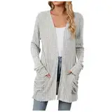 KBOPLEMQ Strickjacken Für Damen V-Ausschnitt Mit Taschen Cardigan Vorne Offen Dünne Jacke Langarm Einfrabige Strickcardigan Top Elegant Locker Strickmantel Mantel Leichte Klassisch Oberteile