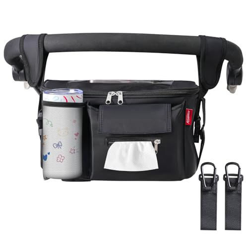 ALLONWAY Kinderwagen Organizer, Buggy Organizer mit 2 zusätzlichen Haken, Universeller Kinderwagen Organizer mit Getränkehalter und Handytasche, Kinderwagentasche Passt für Fast Alle Kinderwagen