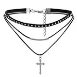 JewelryWe Schmuck Damen Choker Halskette, schwarz Nieten gotische Seil Goldrohr Velvet Spitze Choker Tattoo Punk Gothic Halsband mit Kreuz Anhänger