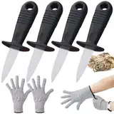 GAOUTO Austernmesser Set: 4 Stücke Austernöffner mit 2 Paar Handschuhe(16cm), Edelstahl Austernmesser und Handschuh Schnittfeste, Oyster Knife Set für Schalentiere oder Hartkäse