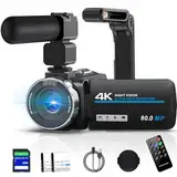 Videokamera 4K 80MP HD Camcorder für YouTube, 30FPS Webcam IR Nachtsicht Vlogging Kamera, 18X Digitalzoom 3,0 270°IPS Bildschirm Video Camera mit SD Karte, 2 Akkus, Fernbedienung, und Handstabilisator