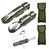 2 Stück Edelstahl Campingbesteck Essbesteck Set, Camping Besteckset, 6 in 1 Outdoor Campingbesteck Set - grün silber mit Oxford Tasche für Camping und Outdoor