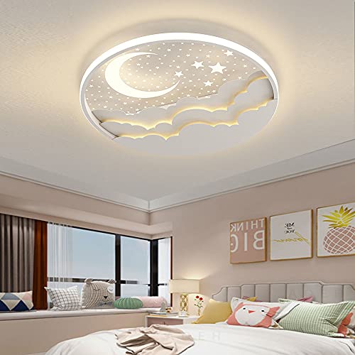 LED Kinder Deckenlampe Stern Mond Deckenleuchte Für Kinder Acryl Lampenschirm Stufenloses Dimmen mit Fernbedienung Ultradünn 6Cm Schlafzimmer Decke Kindergarten Beleuchtung-D50cm,50W,Weiß