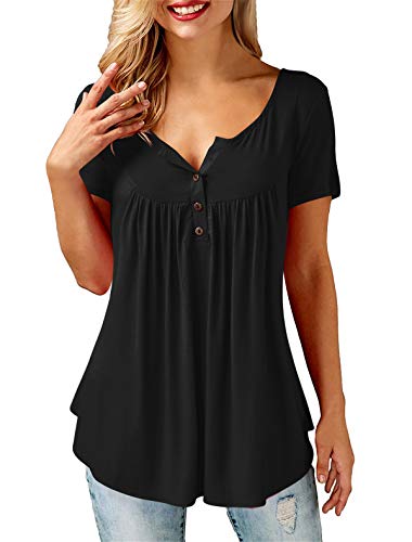 Amoretu Oberteile Damen T Shirt Kurzarm Sommer V-Ausschnitt Bluse Tunika Casual Tops mit Knöpfe Schwarz XXL