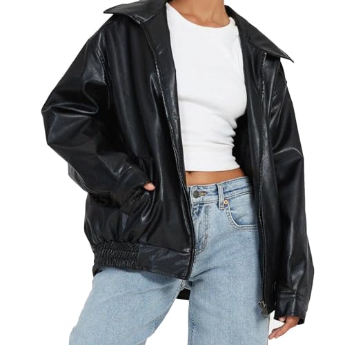 pxjsdwe Lederjacke Damen Schwarz Lang Braun Oversize Bomber Bomberjacke Leder Bikerjacke Lederjacken Motorrad Kunstlederjacke Pu Pilotenjacke Braune Motorrad Jacke Streetwear Leather Jacket Woman