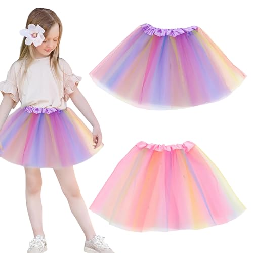 Yuqilin 2 Stück Tütü Tüllrock Mädchen, Ballettkleidung Mädchen, Tüllrock Kinder Regenbogen Rock, Bunt Lagen Tüll Ballettrock, Prinzessin Tanzkleid für Geburtstagsfeier Feier Festival (B)