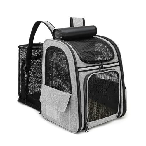 Dogat KatzenRucksack Groß Raum, Haustier Rucksäcke für Katzen Hunde bis 12KG, Faltbar Katzenrucksack, Tragbare und Erweiterbare Ourdoor Raum Tragetasche, Front Opening-Mesh Fenstertaschen, Grau