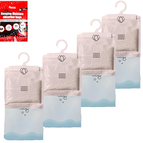 4x Luftentfeuchter beutel zum Hängen, Raumentfeuchter Set Feuchtigkeit Entferner, für Schrank, Aufbewahrung, Badezimmer, Wäscherei, Keller, Küche, Wohnwagen, Auto,Bus, Boot, Schiff, Garage, Dachboden