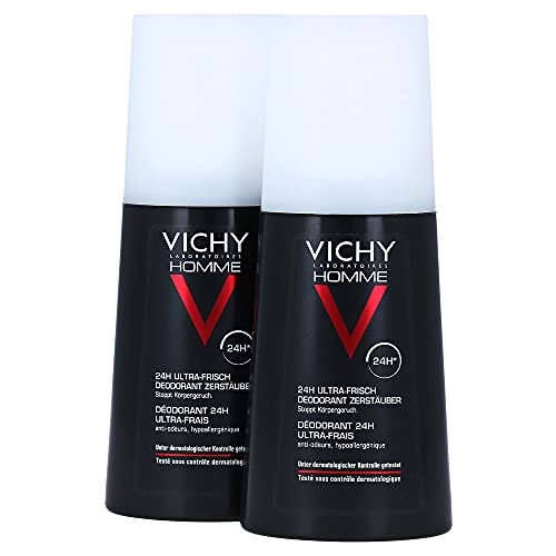 Vichy Homme Deodorant Zerstäuber Ultra-Frisch 24H, Deospray für Männer, 24 h wirksam, Geruchshemmend, Mit Thermalwasser aus Vichy und Zink-Ricinoleat, Für alle Hauttypen, 2x100 ml