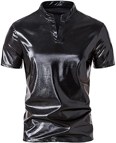 AIEOE Herren Glänzend Hemd Metallic Glitzer Henley Shirt Slim Fit 70er Disco Party Club Wear Nachtklub Freizeithemd - M