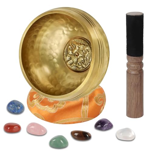 DiDiBirDi Tibetische Klangschale 7 Chakra heilende Kristallsteine Authentische Handarbeit Heilung Meditation Yoga Klang Schüssel Singing Bowl aus Tibet einzigartige Geschenke für Frauen, Männer(8 CM)