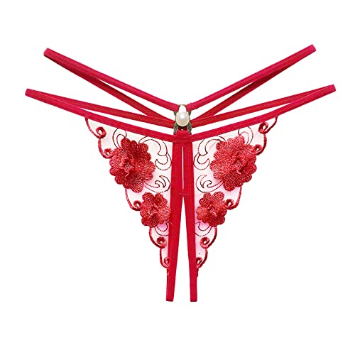 Latex Damen Unterwäsche Sexy Blumenstickerei Transparente Mesh Tanga Open Crotch Unterwäsche Sexy Herren Unterwäsche String (Red, One Size)