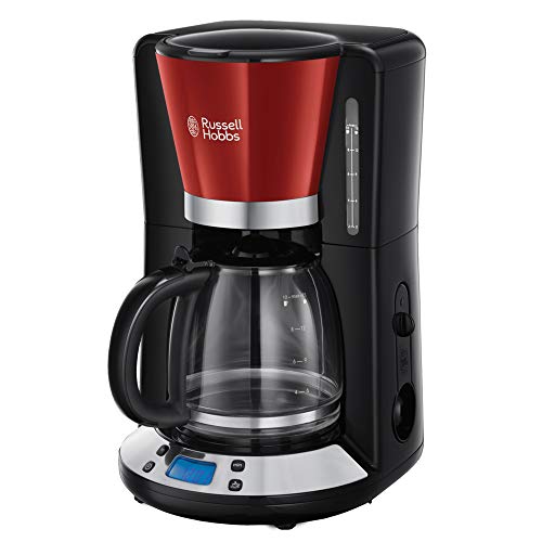 Russell Hobbs Kaffeemaschine [Digitaler Timer, Brausekopf für optimale Extraktion&Aroma] Colours+ Rot (max 10 Tassen, 1,25l Glaskanne, Warmhalteplatte, 1100W) Filterkaffeemaschine 24031-56