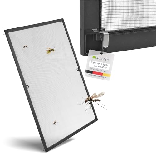 Juskys Fliegengitter für Fenster mit Alu Rahmen 110 x 130 cm - Montage ohne Bohren - zum Einhängen - Insektenschutz Mückenschutz Fliegenschutzgitter - grau